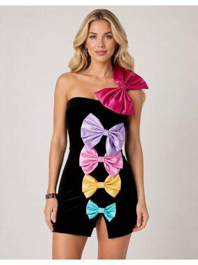 Johnny Wujek Prom Collection Velvet Colourulf Bow Detail Mini Dress L